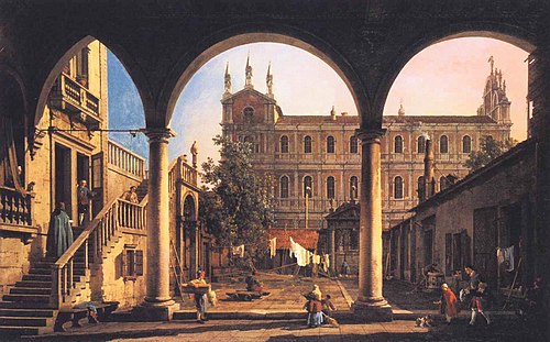 Capriccio of the Scuola di San Marco from the Loggia of the Palazzo Grifalconi-Loredan, 1750, Canaletto