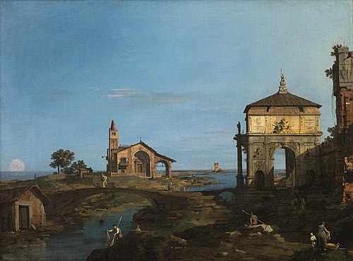 Une île de la lagune avec une arche et une église, 1743, Canaletto