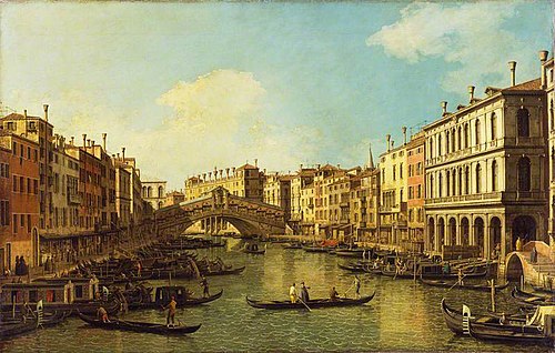 Venise : le Grand Canal du palazzo Dolfin-Manin vers le pont du Rialto, 1740, Canaletto
