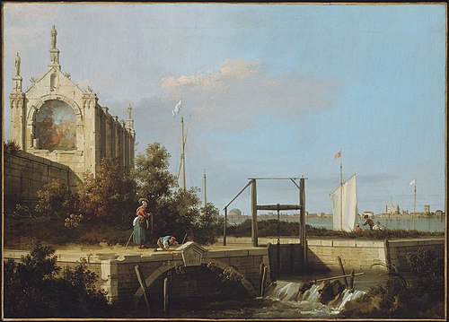 Capriccio: A Sluice on a River with a Chapel, 1754, Canaletto