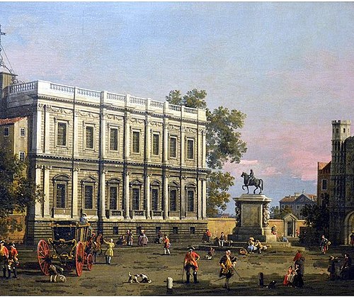 The Banqueting House and the Holbein Gate, Whitehall, with the Equestrian Statue of King Charles I, 1745, Canaletto