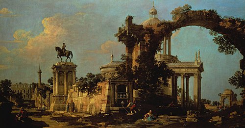 Capriccio of Roman Ruins with a Domed Church and the Colleoni Monument, 1754, Canaletto