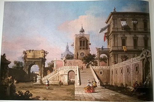 Capriccio of a Renaissance Palazzo with a monumental Staircase, a Clock Tower and the Arch of Titus , 1753, Canaletto