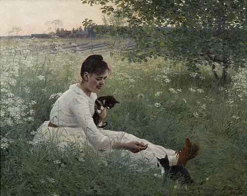 Fille avec des chats dans un paysage d'été, 1892, Elin Danielson-Gambogi