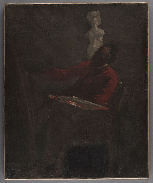 Carpeaux en veston rouge peignant dans son atelier, 1865, Jean-Baptiste Carpeaux