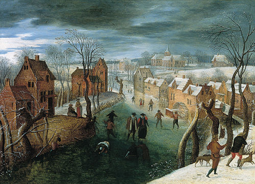 A Winter Landscape with a Village, Skaters on a Frozen River, and  Hunters in the Foreground, , Jacob Grimmer