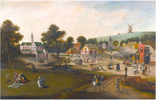 Entrance to a village with peasants carousing, 1550, Jacob Grimmer