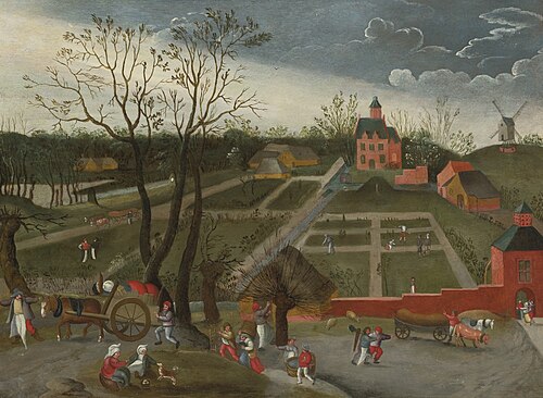 Landscape with Peasants Walking Along a Road with Horse Drawn Carts and others planting in the garde, 1590, Jacob Grimmer