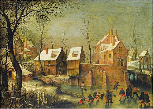 Townscape with skaters on a frozen river, 1746, Jacob Grimmer