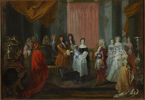 Louis XIV mettant le cordon bleu à Monsieur le duc de Bourgogne., 1710, Antoine Watteau