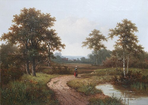 A lady on a pathway by a stream, , Hendrik Pieter Koekkoek