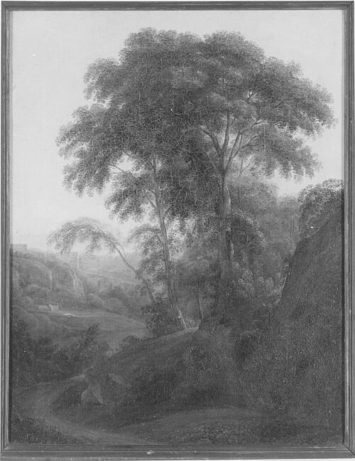 Baumgruppe in bergiger Landschaft mit Kastell, 1807, Simon Warnberger