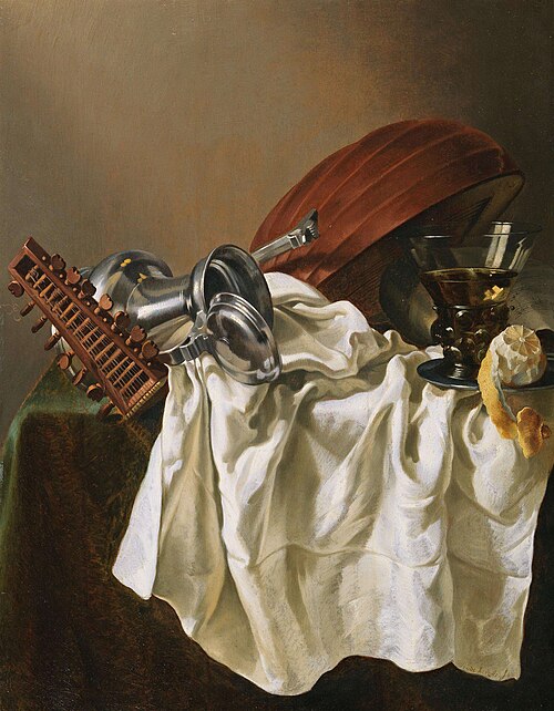 Still life with a lute, a berkemeyer and a knocked-over Jan Steen jug, 1642, Willem van Odekercken