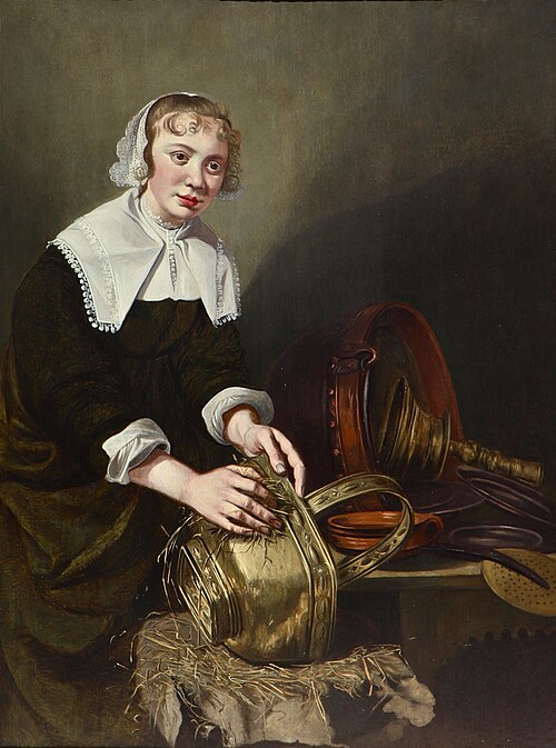 Servant girl scouring a brass bucket, 1650, Willem van Odekercken