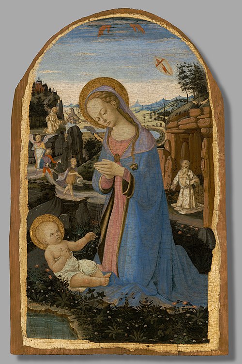 The Adoration of the Christ Child with Saints Francis of Assisi Receiving the Stigmata,Tobias and th, 1467, Andrea Verrocchio