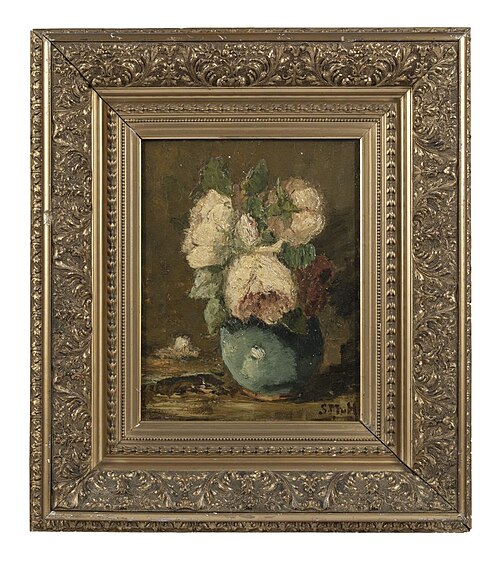 Witte en rode pioenrozen in groene pot, 1889, Sina Mesdag-van Houten