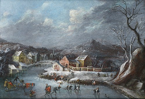 Skaters on a frozen lake, before a winter landscape, 1750, Dirck Dalens