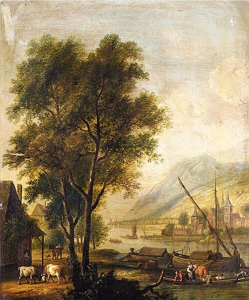 River landscape with cattle and figures before a cottage, and barges on the river, 1750, Dirck Dalens