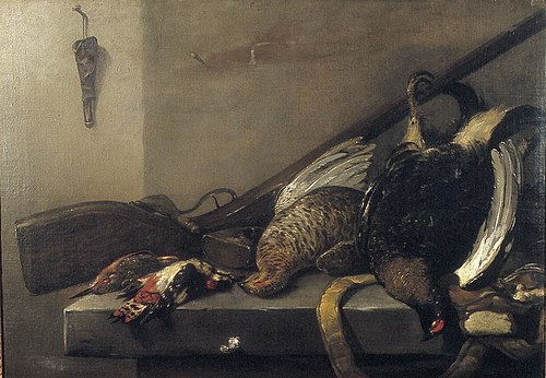 Stilleven met geweer en twee dode korhoenders, 1637, Pieter van Noort