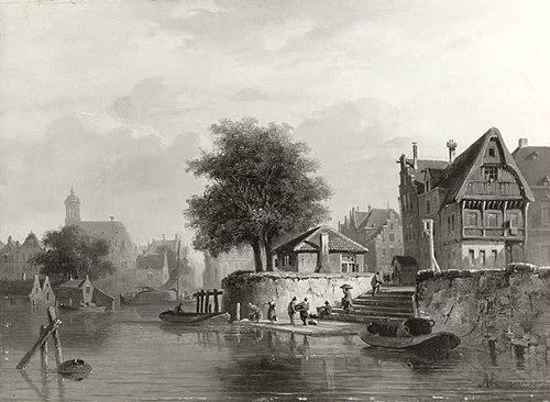 View of a washing place at a city canal, 1858, Adrianus Eversen