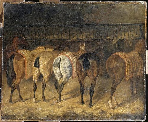 Cinq chevaux vus par la croupe dans une écurie, 1821, Théodore Géricault