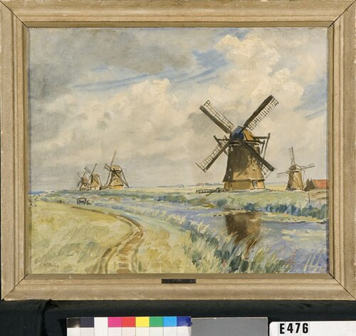 Landschap met drie watermolens, , Adolphe Hervier