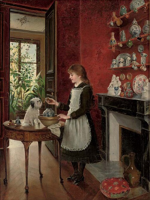 Young girl with her dog, 1850, Albert Roosenboom