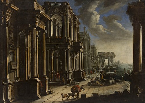 View with architecture, triumphal arch and figures, 1650, Alessandro Salucci