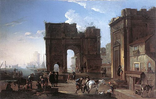 Vue d'un port avec arc de triomphe, 1650, Alessandro Salucci