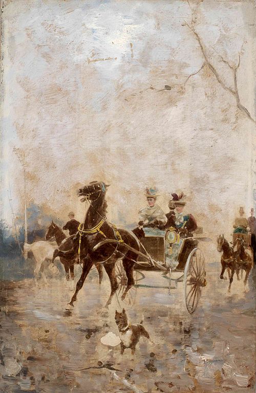 Enovprežna kočija z damami, 1850, Alfredo Tominz