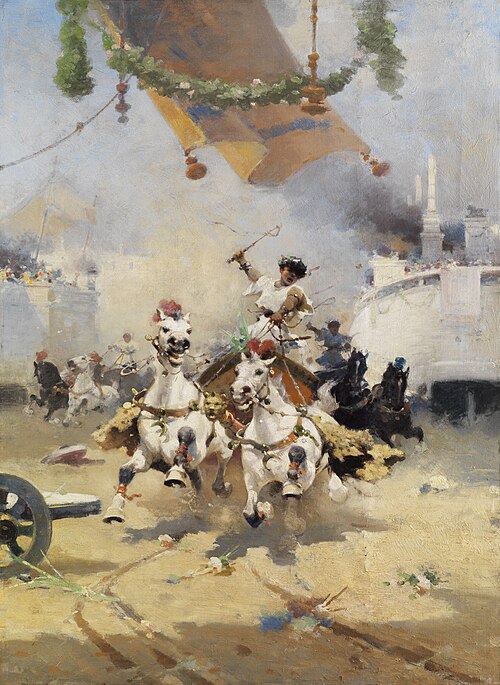 Chariot-race with bigas in the Roman arena., 1904, Alfredo Tominz