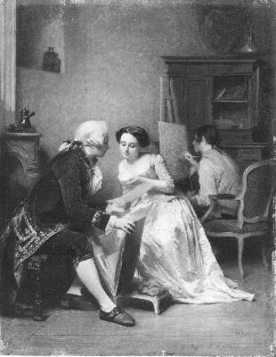 Een heer en een dame bezichtigen tekeningen in een schilderswerkplaats, 1850, Antoine Émile Plassan