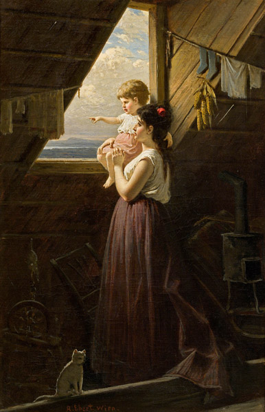 Mutter mit Kind am Fenster., 1896, Anton Ebert