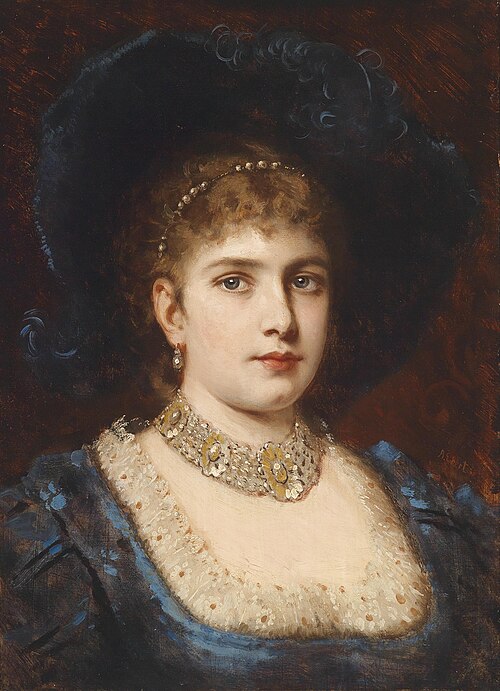 Bildnis einer Dame in blauem Kleid mit Hut, 1896, Anton Ebert