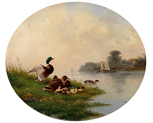 Entenfamilie am Ufer eines Flusses, 1859, August Knip