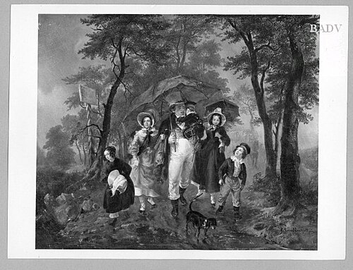 family under umbrella in the rain, 1839, August von Rentzell