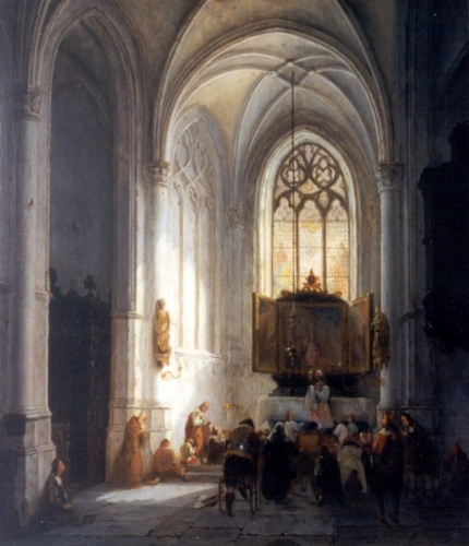 Church interior with figures praying, 1836, Bernardus van de Laar