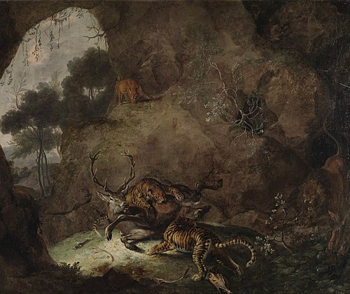 Zwei Tiger, einen Hirsch reißend, 1663, Carl Borromäus Andreas Ruthart
