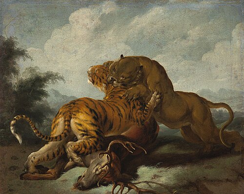 Tiger and Lioness Fighting for Prey, , Carl Borromäus Andreas Ruthart