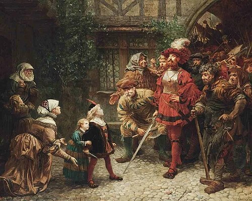 Two young children facing off to the mob, 1874, Charles Joseph Staniland