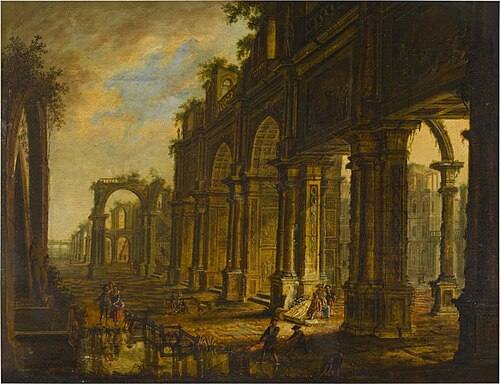 Architectural Ruins with Figures Beside a Fountain, , Christian Stöcklin