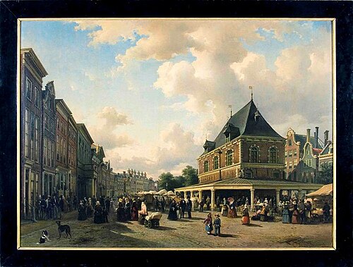 Gezicht op zuidzijde van de Nieuwestad, met rechts Waag tijdens marktdag, te Leeuwarden, 1854, Elias van Bommel
