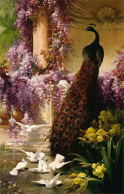 A Peacock and Doves in a Garden, 1888, Eugène Bidau