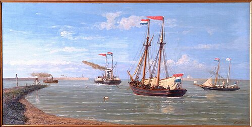 De poolschoener Willem Barents wordt de haven van IJmuiden uitgesleept, 1880, Hendrik Hulk