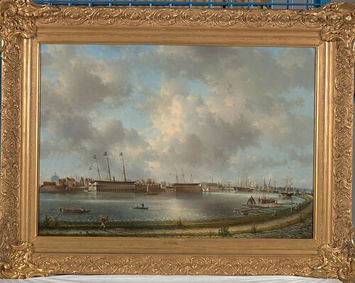 Gezicht op het Oosterdok en de Rijkswerf te Amsterdam, 1857, Jan Evert Morel