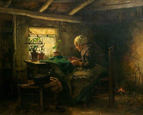 Interior with an Old Lady Seated and Cutting Cloth, 1898, Johannes Weiland