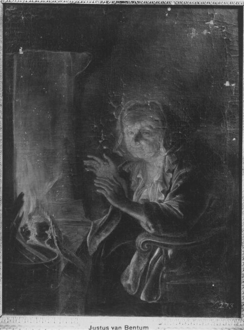 Old woman warming her hands at a fireplace, 1698, Justus van Bentum