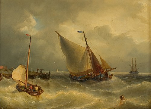 Zeilschepen bij de kust, 1865, Nicolaas Riegen
