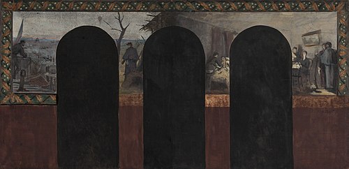 Esquisse pour le cabinet du Préfet de l'Hôtel de Ville de Paris : L'arrivée d'un pigeon voyageur - L, 1889, Paul-Émile Mangeant