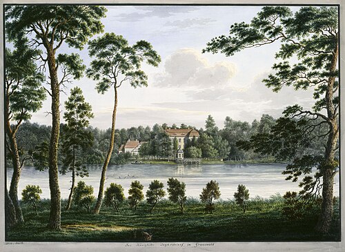 Das Jagdschloss Grunewald von der anderen Havelseite aus gesehen, 1830, Wilhelm Barth